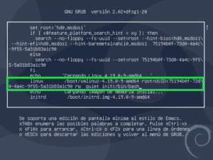 GRUB: editar opciones de arranque. Contraseña de root