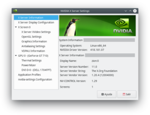 Drivers de nvidia-Pantalla de bienvenida de la aplicación nVIDIA X Server Settings